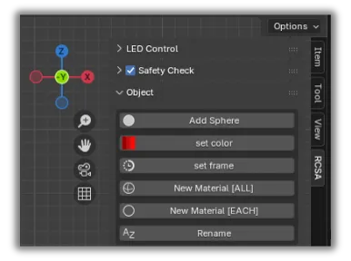 แผง RCSA ในแผง N มีหัวข้อ LED Control, Safety Check, Object พร้อมปุ่ม Add Sphere, set color, set frame, New Material [ALL], New Material [EACH] และ Rename