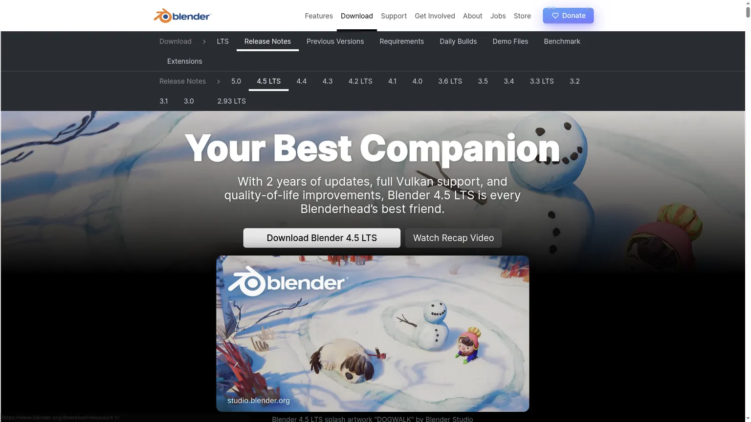 หน้าดาวน์โหลดของ Blender 4.5 LTS ตรวจให้แน่ใจว่าแถบที่เลือกคือ 4.5 LTS