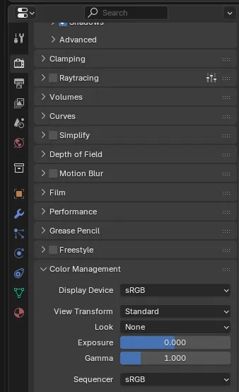 Color Management: Display Device = sRGB, View Transform = Standard, Look = None