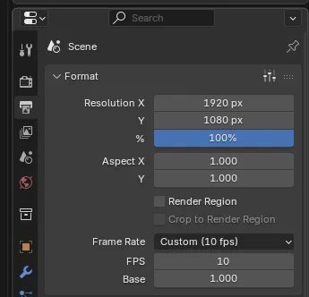Output → Frame Rate: Custom (10 fps), FPS = 10, Base = 1.000