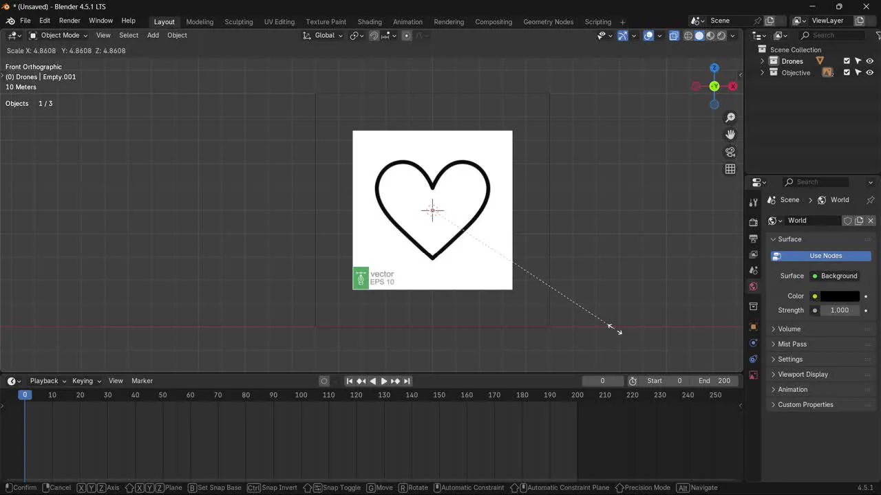 ภาพหัวใจเส้นหนาในฉาก Blender (Front Orthographic) ก่อนวางโดรน