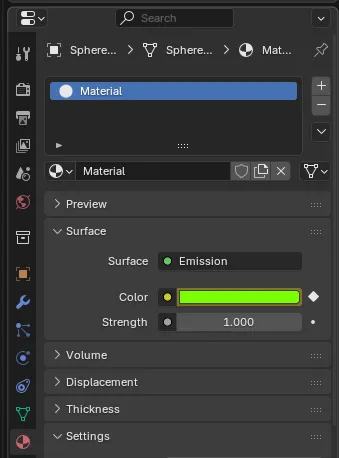 Material ที่ถูกต้อง: Surface เป็น Emission ช่อง Color เป็นสีเขียว Strength 1.000